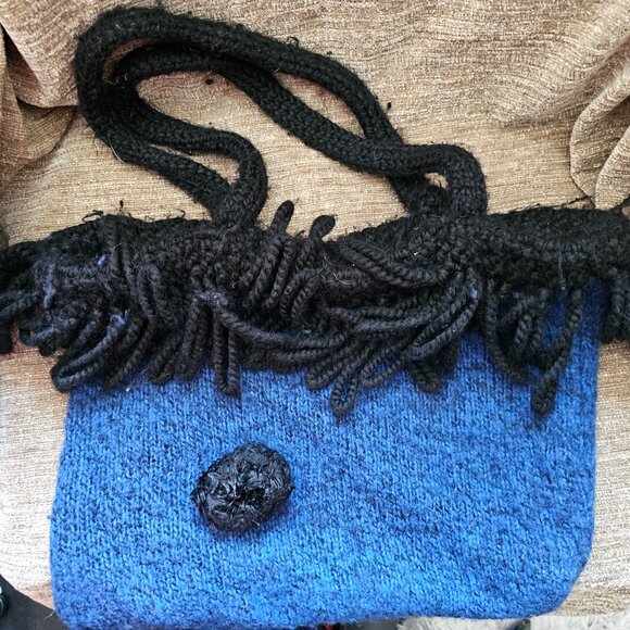 Cute Women's Knit Tote Purse Blue with Black Trim - Picture 1 of 3
